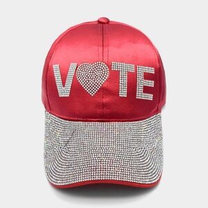 Red VOTE Rhinestone Crystal Brim Baseball Cap Statement Hat Bling